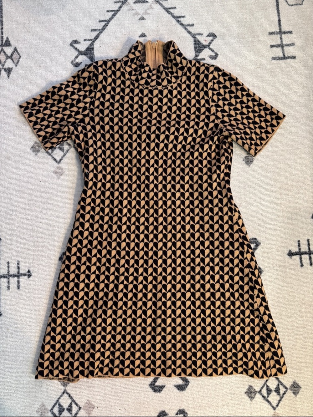 Anthropologie Black and Tan Geometric Midi Sweater Dress